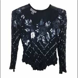 Vintage black semi sheer silk beaded sequin blouse